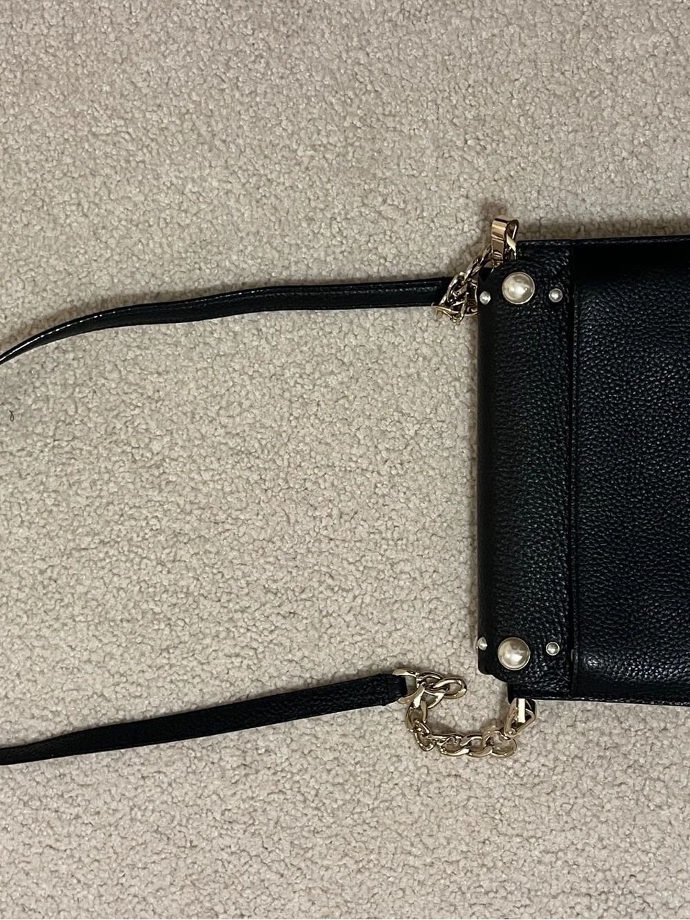 kate spade Black Leather Crossbody with Pearl Studs and Gold Chain